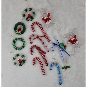 Vintage Beaded Christmas Ornaments Lot of 13 Wreath Bell Candy Canes